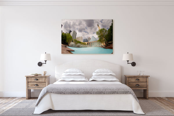 Edmonton City Hall canvas hanging on bedroom wall of modern farmhouse. 