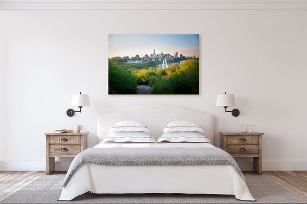 Canvas print of Edmonton hanging on bedroom wall. Modern Home  Decor ideas.