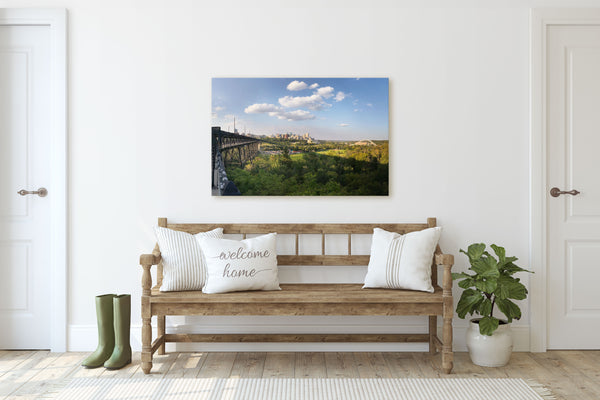 Edmonton River Valley art print hanging on entryway wall of rustic modern farmhouse.