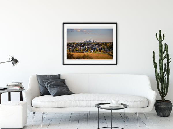 Framed print of Edmonton in a modern condo. Apartment decor ideas.