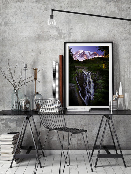 Framed Print of Mount Rainier & Myrtle Falls. Mountain and Waterfall themed Wall Decor by Larry Jang.