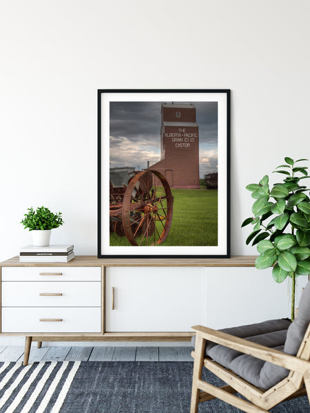 Tabletop decor ideas. Framed Grain elevator print.