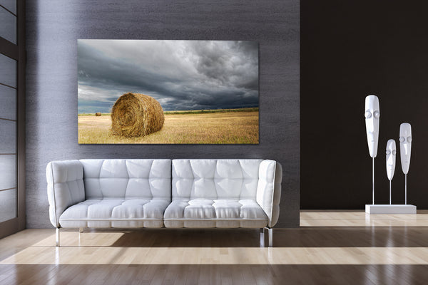 Big canvas of a hay bale & storm clouds on display in an urban contemporary modern living room.
