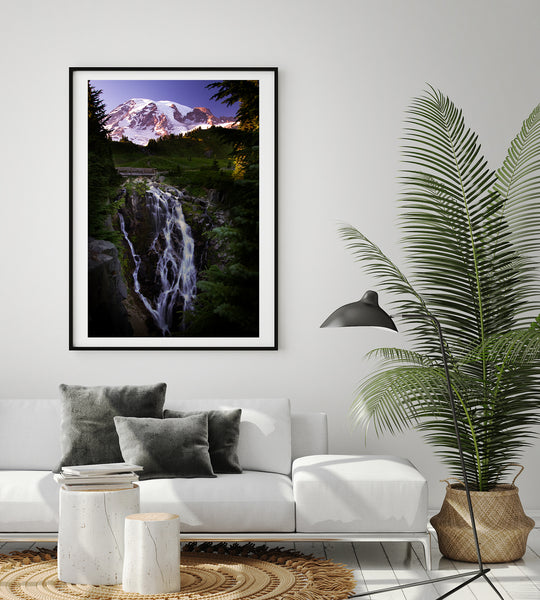 Framed Print of Mount Rainier & Myrtle Falls at sunset in modern living room. Mountainscapes by Larry Jang.