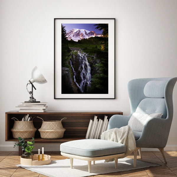 Framed Print of Mount Rainier in Living Room. Reading room decor for modern rustic homes.