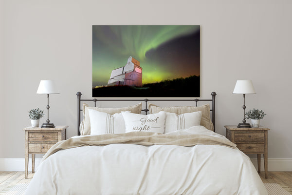 Northern Lights Grain Elevator Picture hanging in Rustic Modern Bedroom