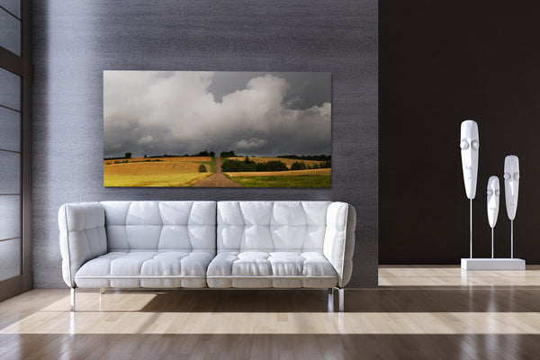 Modern living room decor. Big canvas of prairie road.