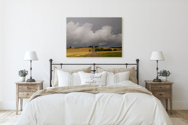 Bedroom wall decor ideas. Big canvas of prairie summer storm.