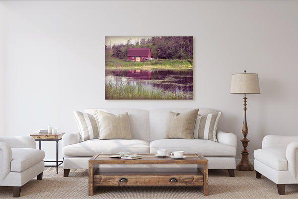 Canvas print of Red Barn in Rustic Modern Living Room.
