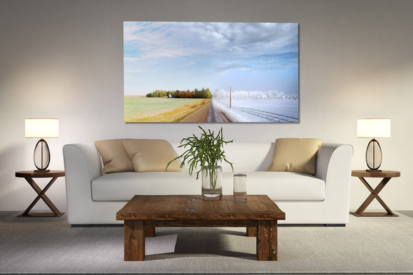 Canvas print of 4 seasons along prairie road hanging in rustic modern living roomliving room