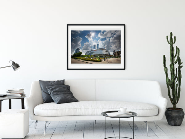 Home decor ideas. Framed print of downtown Edmonton on living room wall.