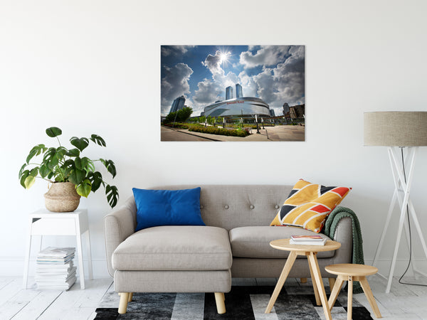 Canvas print of downtown Edmonton hanging in modern living room.