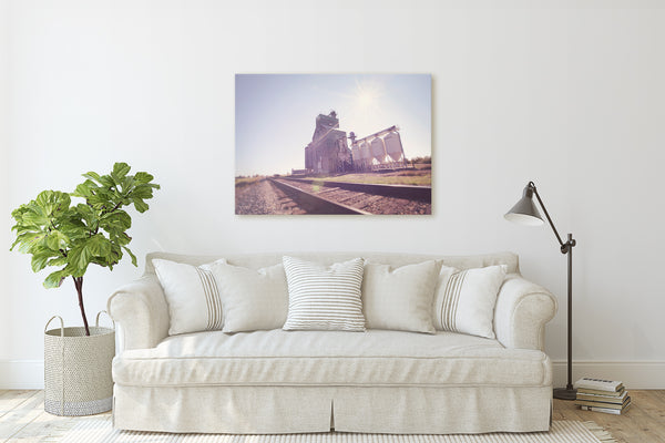 Canvas print of grain elevator in modern living room. Wanderlust.