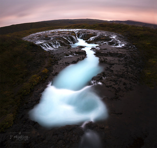 Bruarfoss is an art print a waterfall with turquoise and milky water in South Iceland. Icelandic Landscape Photography.