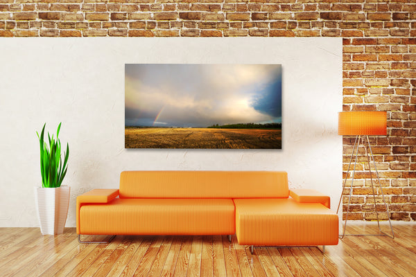 Big canvas print of a double rainbow after a turbulent thunderstorm in May. Wall decor ideas for modern warehouse by Edmonton photographer Larry Jang.