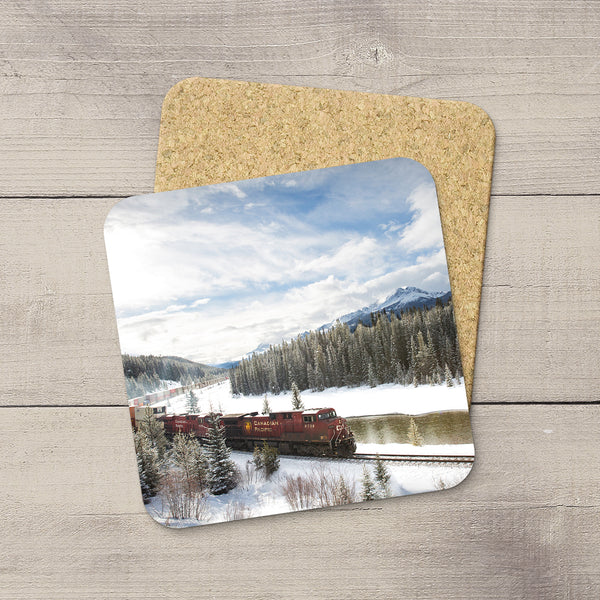 Photo Coaster of CP Rail Train in Banff National Park in Canadian Rockies. Handmade in Edmonton, Alberta by Canadian photographer & artist Larry Jang.