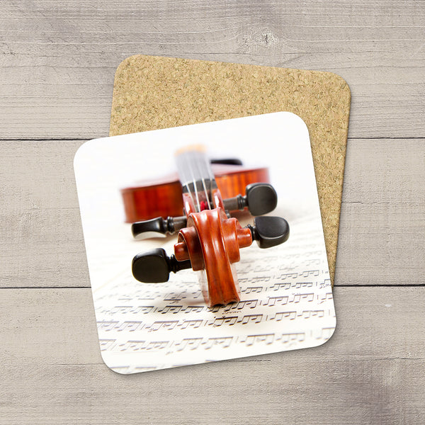 Music Room Accessories. Beverage Coasters featuring Violin scroll & sheet music. For the violin player. Modern functional art by Edmonton artist & photographer Christina Jang.
