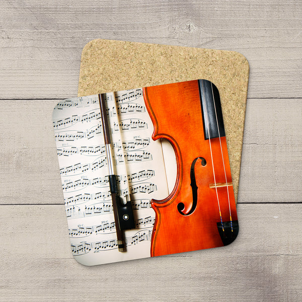 Music Room Accessories. Beverage Coasters featuring Violin F Hole & Bow. For the violin player. Modern functional art by Edmonton artist & photographer Christina Jang.