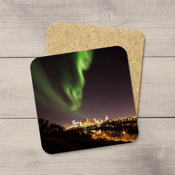 Photo coasters with a picture of Northern Lights over Edmonton. Handmade in YEG by acclaimed Canadian Photographer Larry Jang.