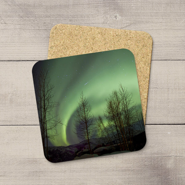 Photo Coasters of Shooting Star and Northern Lights in Alasks, USA. Souvenirs of Aurora Borealis by Canadian Photographer, Christina Jang.
