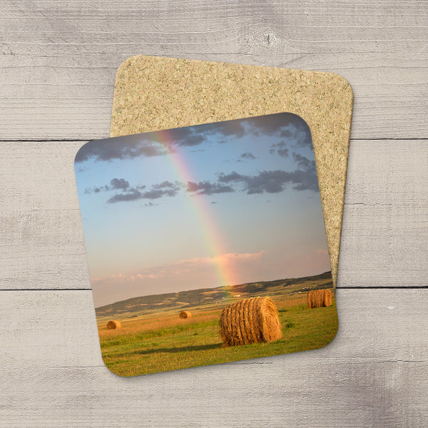 Drink Coasters of a rainbow & hay bale in Canadian Prairies by Larry Jang.