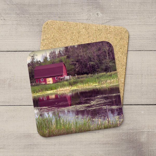 Home Accessories. Coffee coasters of a red barn by a lake in Alberta Canada by Larry Jang.