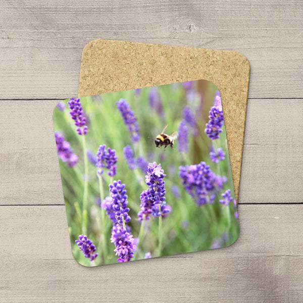 Beverage Coaster with a picture of a bumblebee pollinating lavender flowers By Edmonton based photographer, Larry Jang.