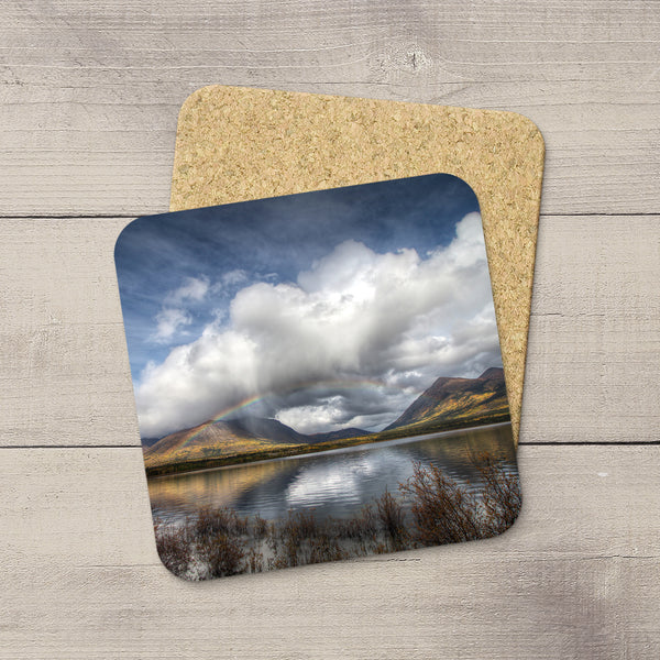 Photo Coasters of Bennett Lake in Yukon Territory. Mountain souvenirs. Handmade in Edmonton, Alberta by Canadian photographer & artist Larry Jang.