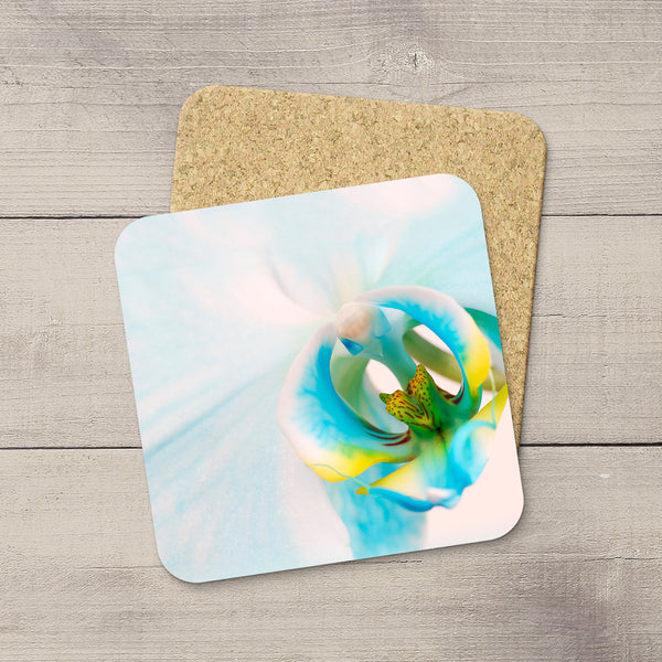 Beverage coasters featuring an intimate picture blue orchid By Edmonton based photographer, Larry Jang.