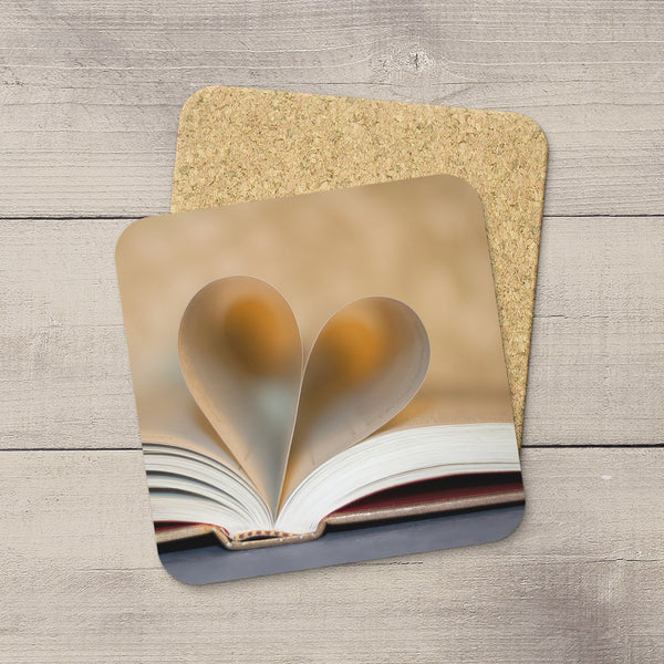 Library Accessories. Photo Coasters of pages folded into a heart. Book of Love.  Modern functional art by Edmonton artist & photographer Larry Jang.