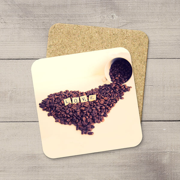 Kitchen Accessories. Photo Coasters of Heart Shaped Coffee Beans and Scrabble tiles that spell LOVE. Modern functional table decor by Edmonton artist & photographer. 