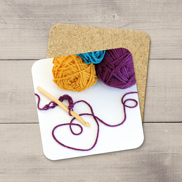 Craft Room Decor Ideas. Photo Coasters of Crochet hook & yarn balls. Modern functional art by Edmonton crafter & photographer Christina Jang.