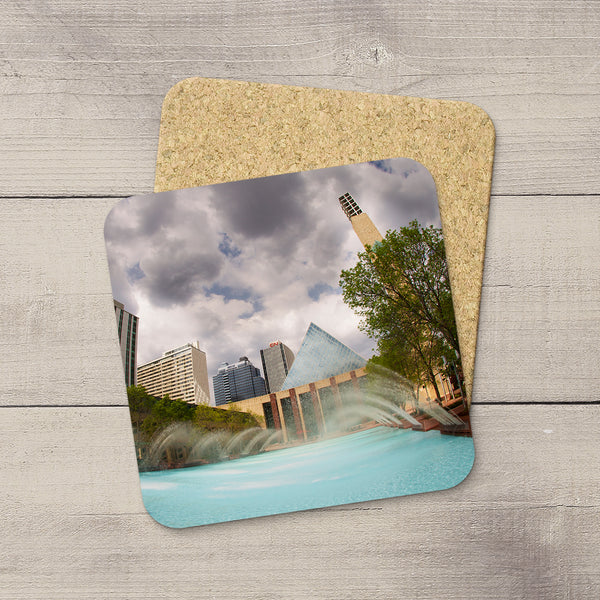 Home Accessories. Photo Coasters featuring an image of City Hall & fountain in summer. Handmade in YEG by acclaimed Alberta artist & Photographer Larry Jang.