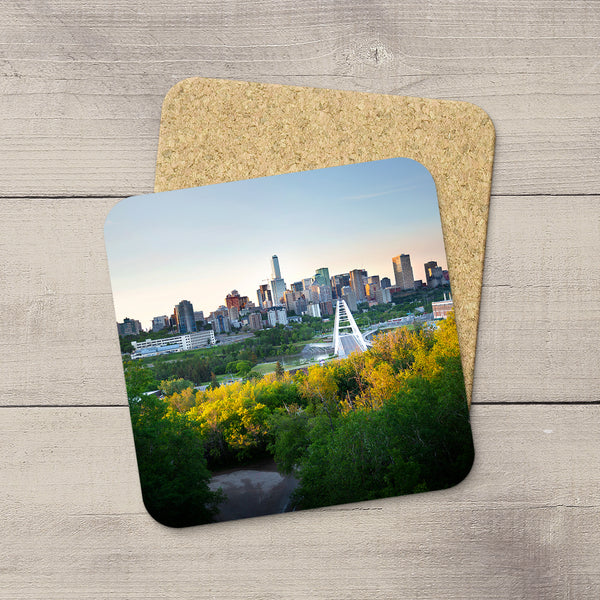 Photo Coasters featuring an image of Edmonton with an autumn glow. Handmade in YEG by acclaimed Alberta artist & Photographer Larry Jang.