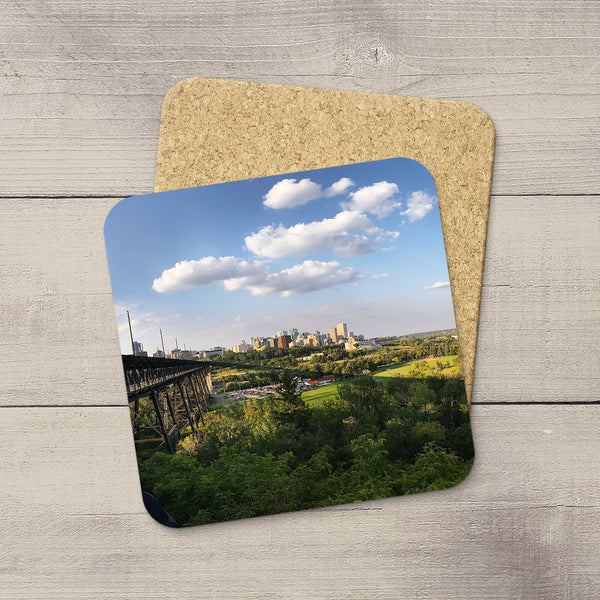 Photo Coasters of Edmonton, High Level Bridge, Old & New Walterdale Bridge, & River Valley. Handmade in YEG by acclaimed Canadian Photographer Larry Jang.