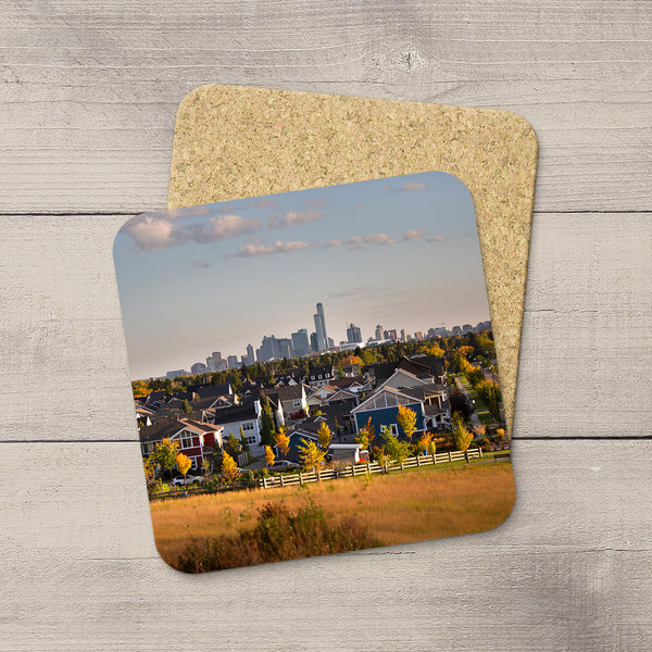 Drink coasters featuring a photograph of the City of Edmonton looming over the neighbourhood of Griesbach. Hand printed in YEG by acclaimed Canadian Photographer Larry Jang.