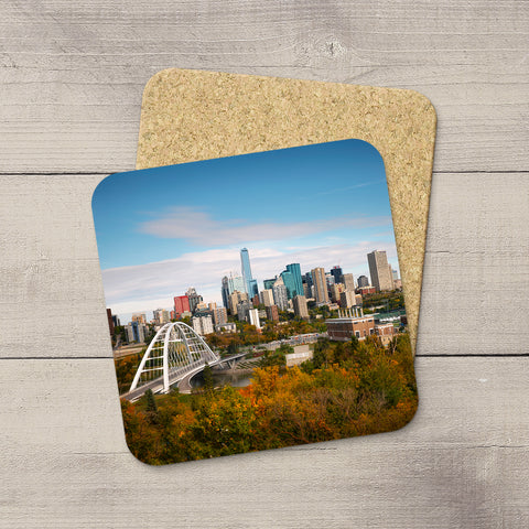 Drink Coasters featuring an image of Edmonton & Walterdale Bridge in Fall Time. Hand printed in YEG by acclaimed Canadian Photographer Larry Jang.