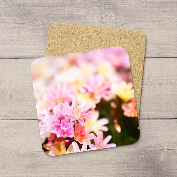 Picture of a sea of bitterroot flowers printed on beverage coasters by Larry Jang