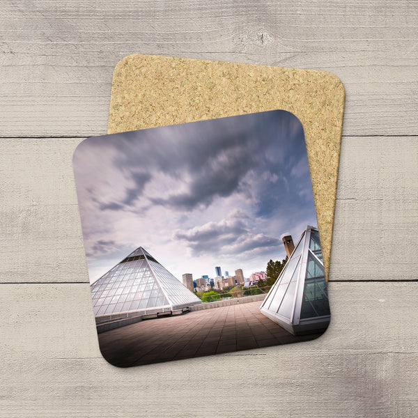 Home Accessories. Drink Coasters featuring an image of Muttart Conservatory & Edmonton city skyline. Handmade in YEG by acclaimed Alberta artist & Photographer Larry Jang.