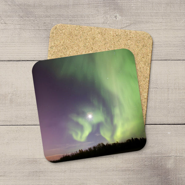 Photo Coasters of Northern Lights dancing around & framing the moon. Souvenirs of Aurora Borealis by Canadian Photographer, Larry Jang.