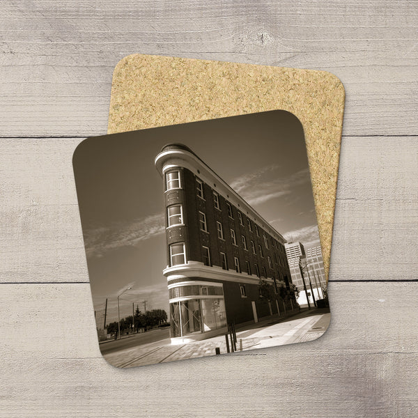 Drink Coasters featuring image of Gibson Block in Edmonton. Handmade in YEG by acclaimed Alberta artist & Photographer Larry Jang.