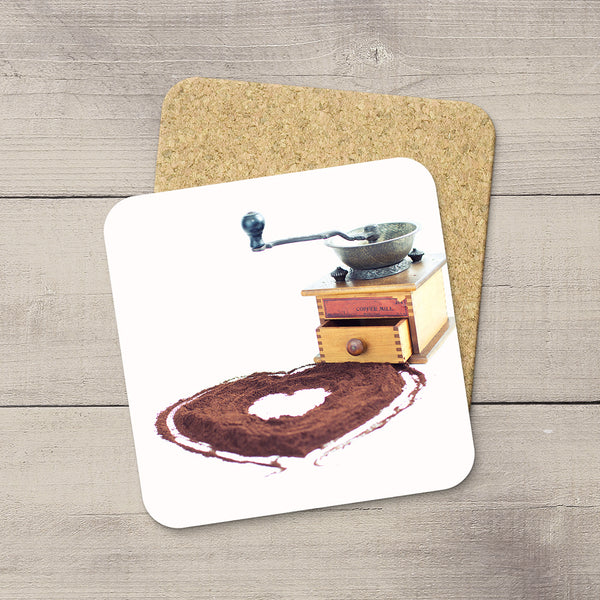 Kitchen Decor ideas. Photo Coasters of a Vintage Coffee Mill and ground beans in shape of a heart. Modern functional table decor by Edmonton artist & photographer Larry Jang.