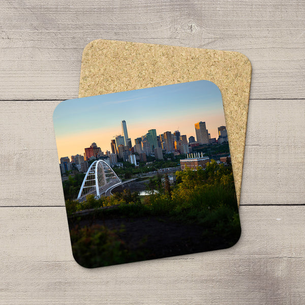 Home Accessories. Beverage Coasters featuring an image of Edmonton & Walterdale Bridge at sunset. Handmade in YEG by acclaimed Alberta artist & Photographer Larry Jang.