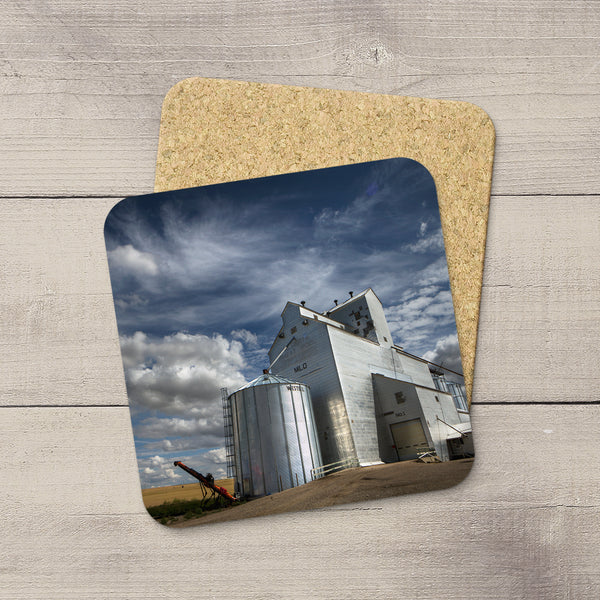 Home accessories. Coasters set of Milo grain elevator in Southern Alberta by Larry Jang.