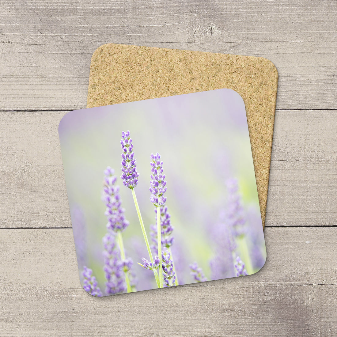 Image of stalks of lavender flowers blooming in a sea of purple. Printed on Cork Coasters by Edmonton photographer Larry Jang