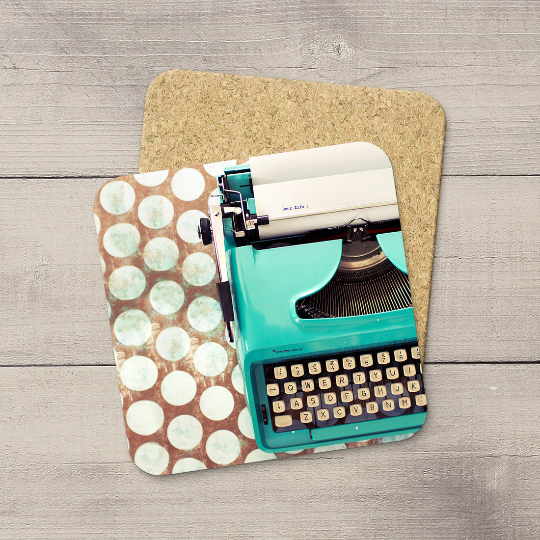 Table Accessories. Photo Coasters of Vintage Remington 1040 Typewriter writing a letter. Dear Life. Modern functional art by Edmonton artist & photographer Larry Jang.