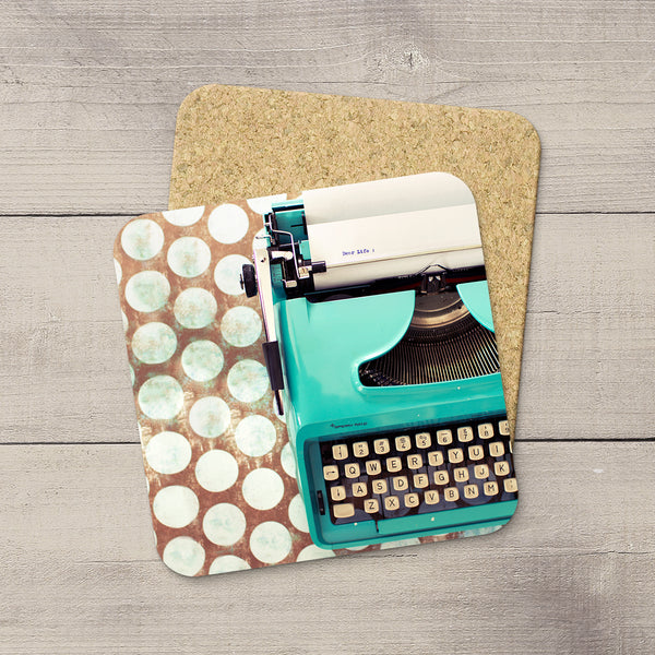 Table Accessories. Photo Coasters of Vintage Remington 1040 Typewriter writing a letter. Dear Life. Modern functional art by Edmonton artist & photographer Larry Jang.