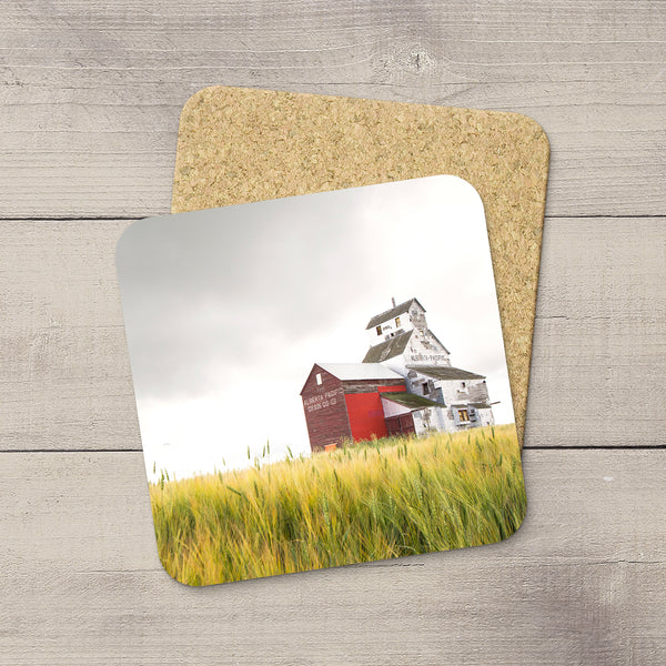 Photo of Pacific Grain Elevator in Raley Alberta hand printed on drink coasters  by Canadian Prairies photographer, Larry Jang
