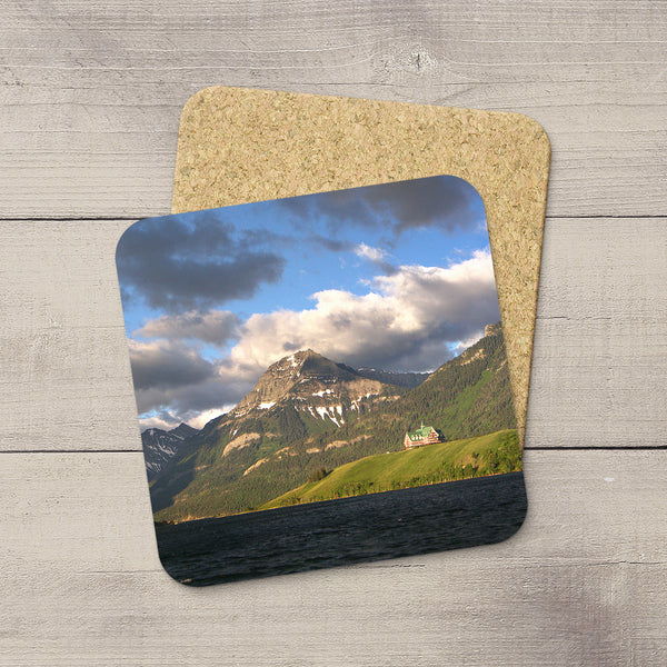 Beverage Coasters of Prince of Wales Hotel on the lake in Waterton National Park, Canada.  Souvenirs of Canadian Rockies. Handmade in Edmonton, Alberta by Canadian photographer & artist Larry Jang.
