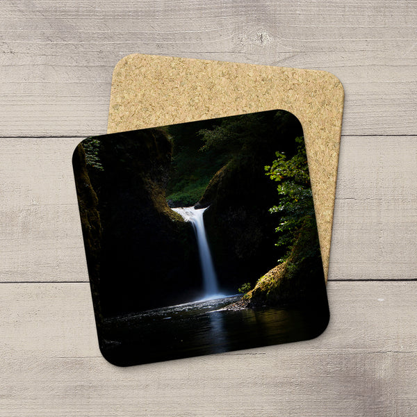 Photo Coasters of Punchbowl Falls in Eagle Creek, Columbia River Gorge, Oregon. Souvenirs & travel themed home accessories. Handmade in Edmonton, Alberta by Canadian photographer & artist Larry Jang.